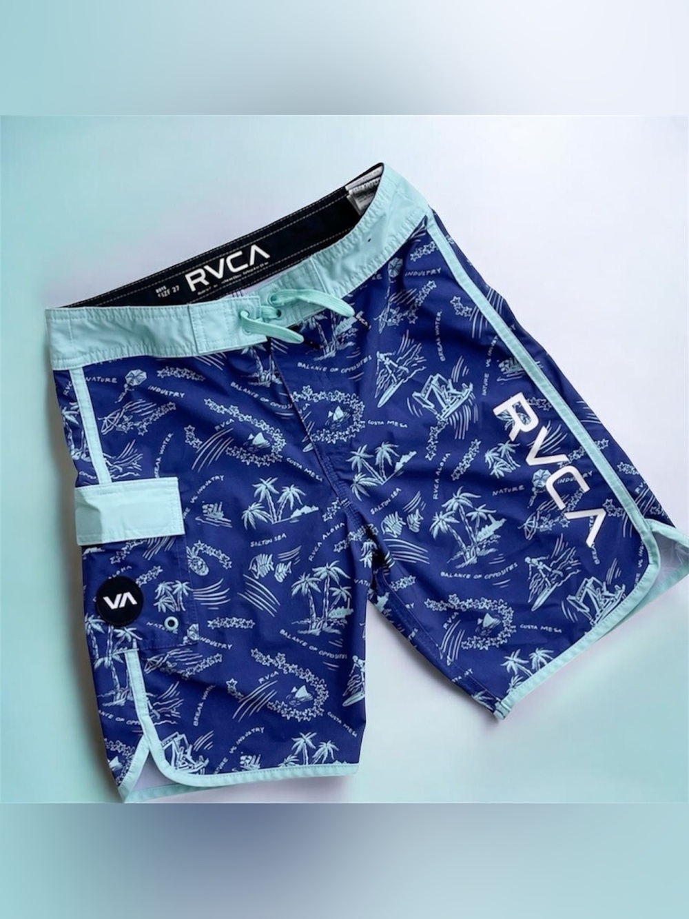 RVCA Boys Blue Island Print Board Shorts Youth size 27 Stretch Swim Trunks EUC
